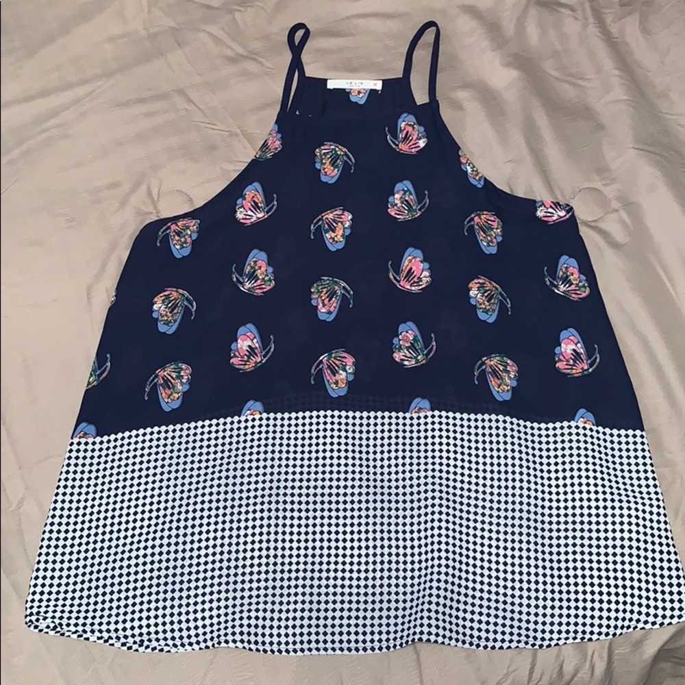 Navy blue butterfly houndstooth boutique top NWOT